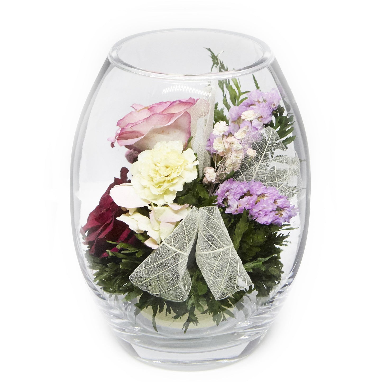 60199 Long-Lasting Purple and Pink Roses and Hydrangea in a Glass Vase - FIORA FLOWER