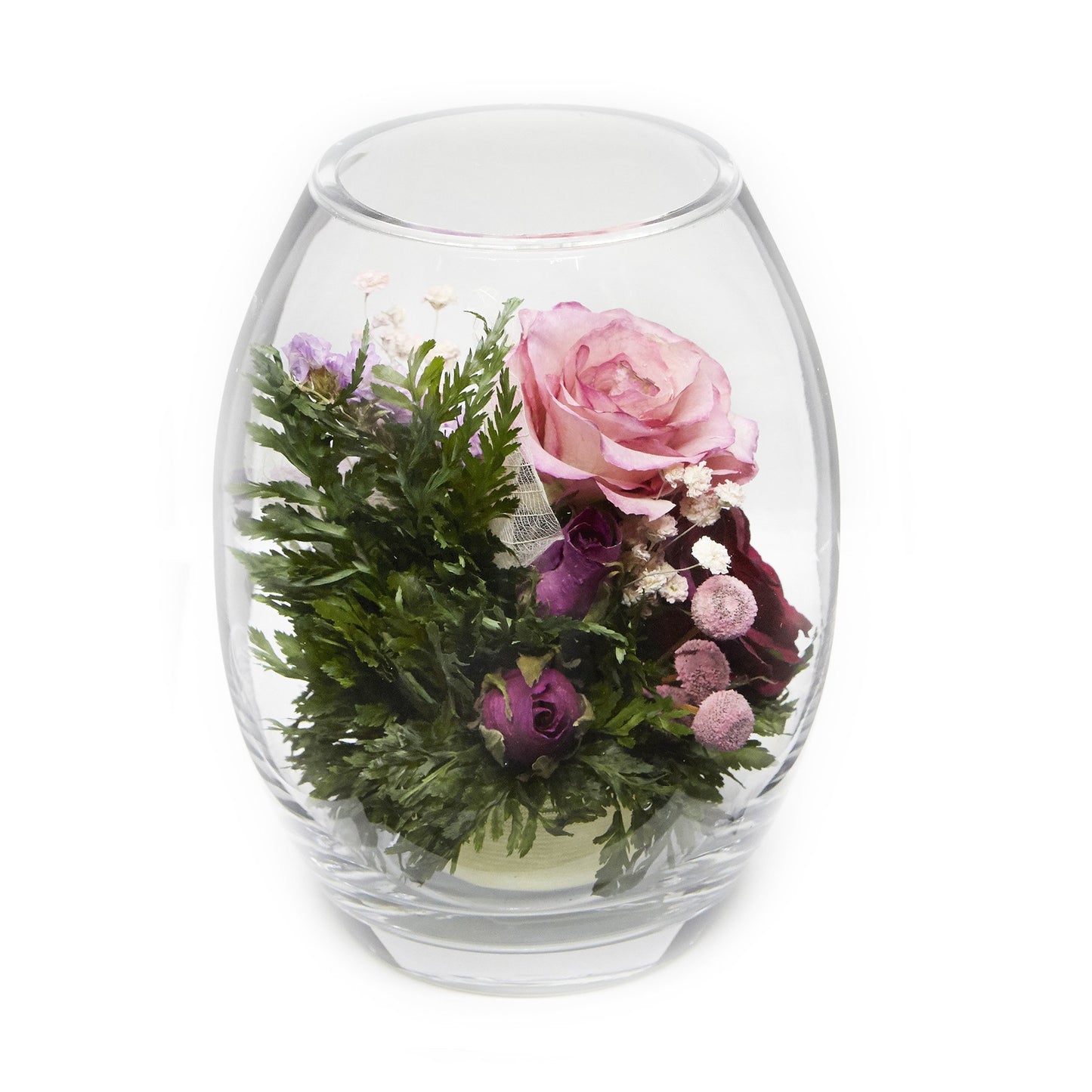 60199 Long-Lasting Purple and Pink Roses and Hydrangea in a Glass Vase - FIORA FLOWER