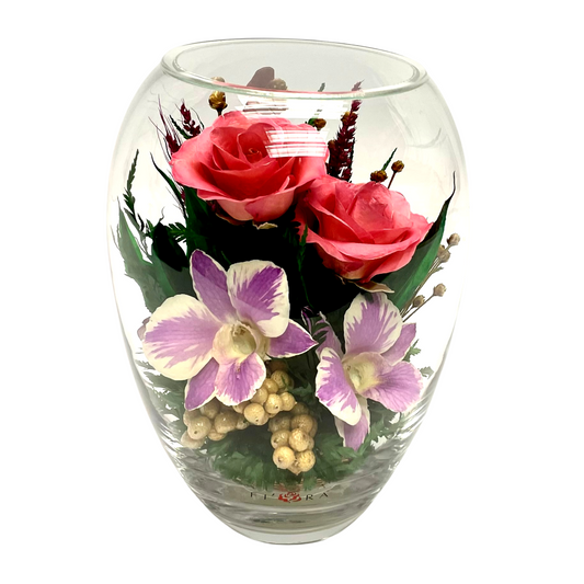 71867 Long-Lasting Pink Roses and Orchids in a Elliptical Glass Vase