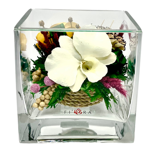 71881 Long-Lasting Yellow Rose and  White Orchid in a Cube Glass Vase