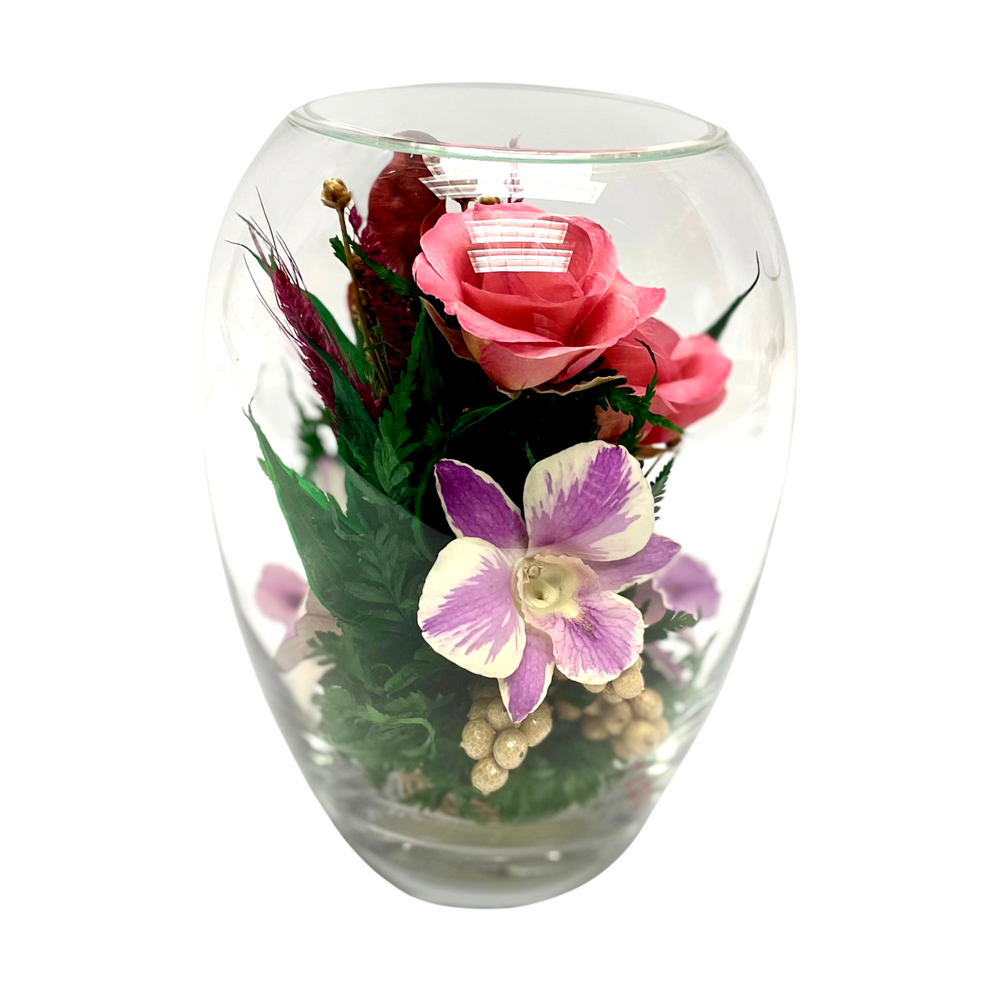 71867 Long-Lasting Pink Roses and Orchids in a Elliptical Glass Vase