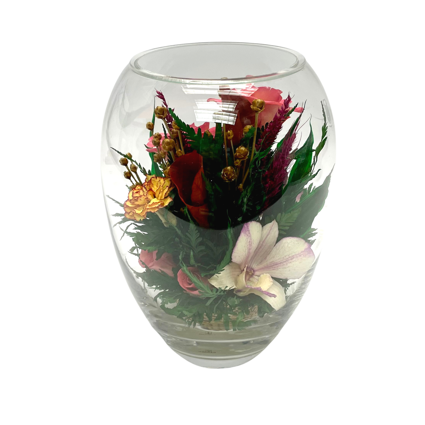 71867 Long-Lasting Pink Roses and Orchids in a Elliptical Glass Vase