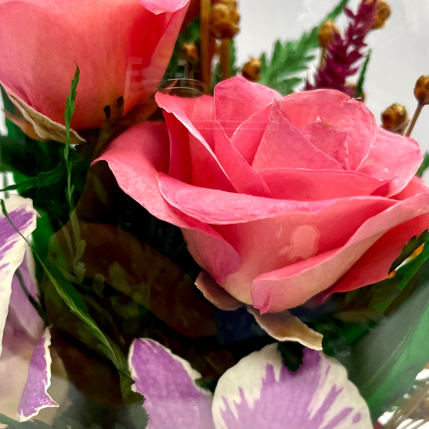 71867 Long-Lasting Pink Roses and Orchids in a Elliptical Glass Vase