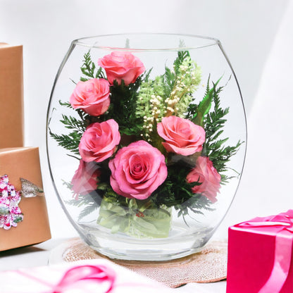 Blush: Seven Radiant Pink Roses in a Sealed Glass Vase