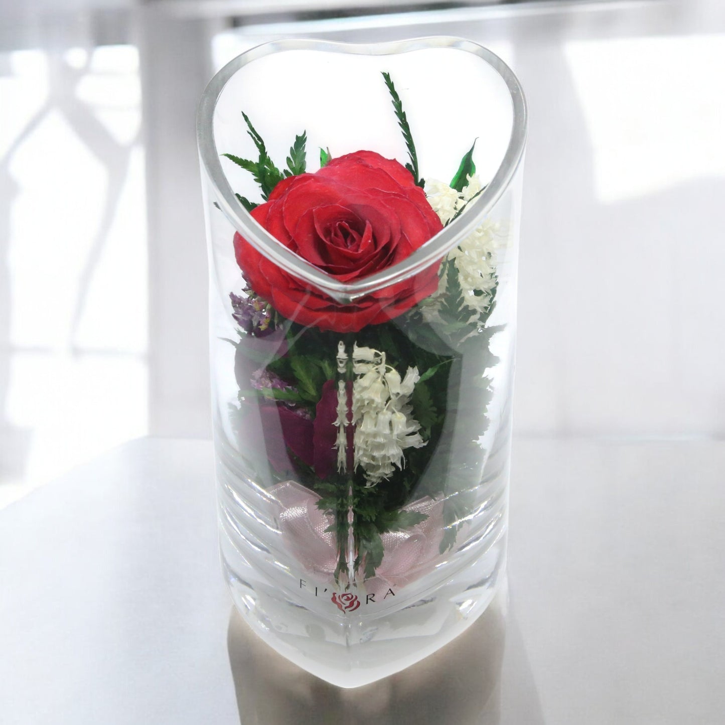 Romantic Red Rose in Heart-Shaped Glass Vase