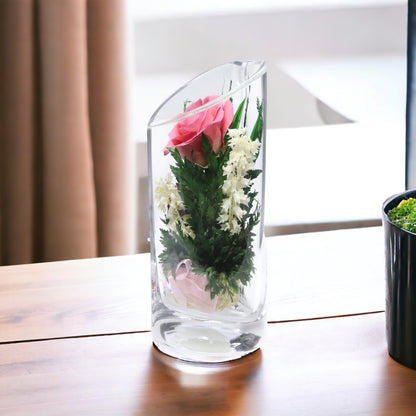 Charming Pink Rose in Heart-Shaped Glass Vase