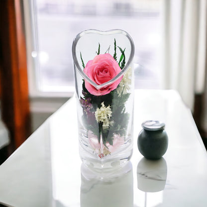 Charming Pink Rose in Heart-Shaped Glass Vase