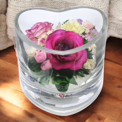 Delicate Roses in Heart-Shaped Glass Vase