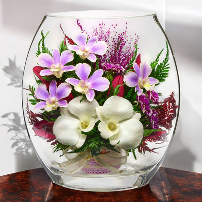 Graceful Purple and White Orchids in Flat Rugby Glass Vase