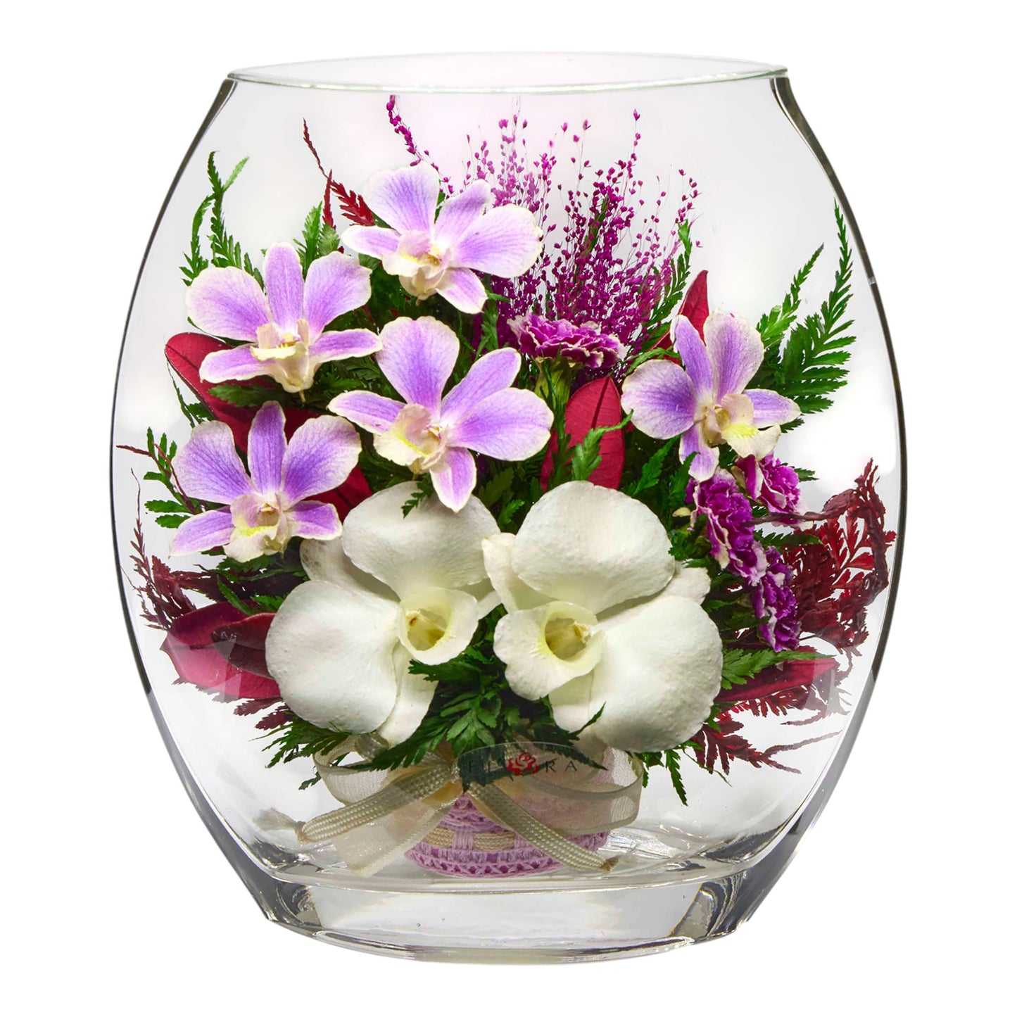 Graceful Purple and White Orchids in Flat Rugby Glass Vase