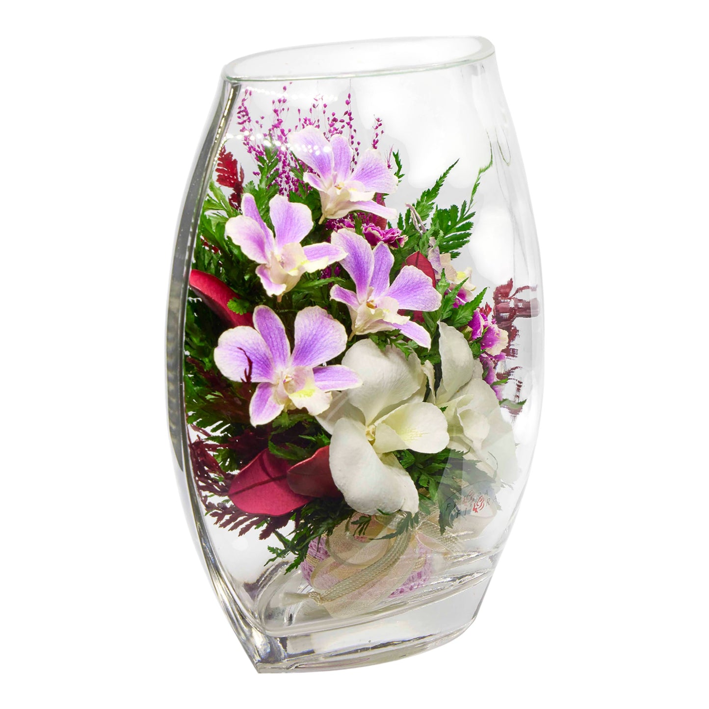 Graceful Purple and White Orchids in Flat Rugby Glass Vase