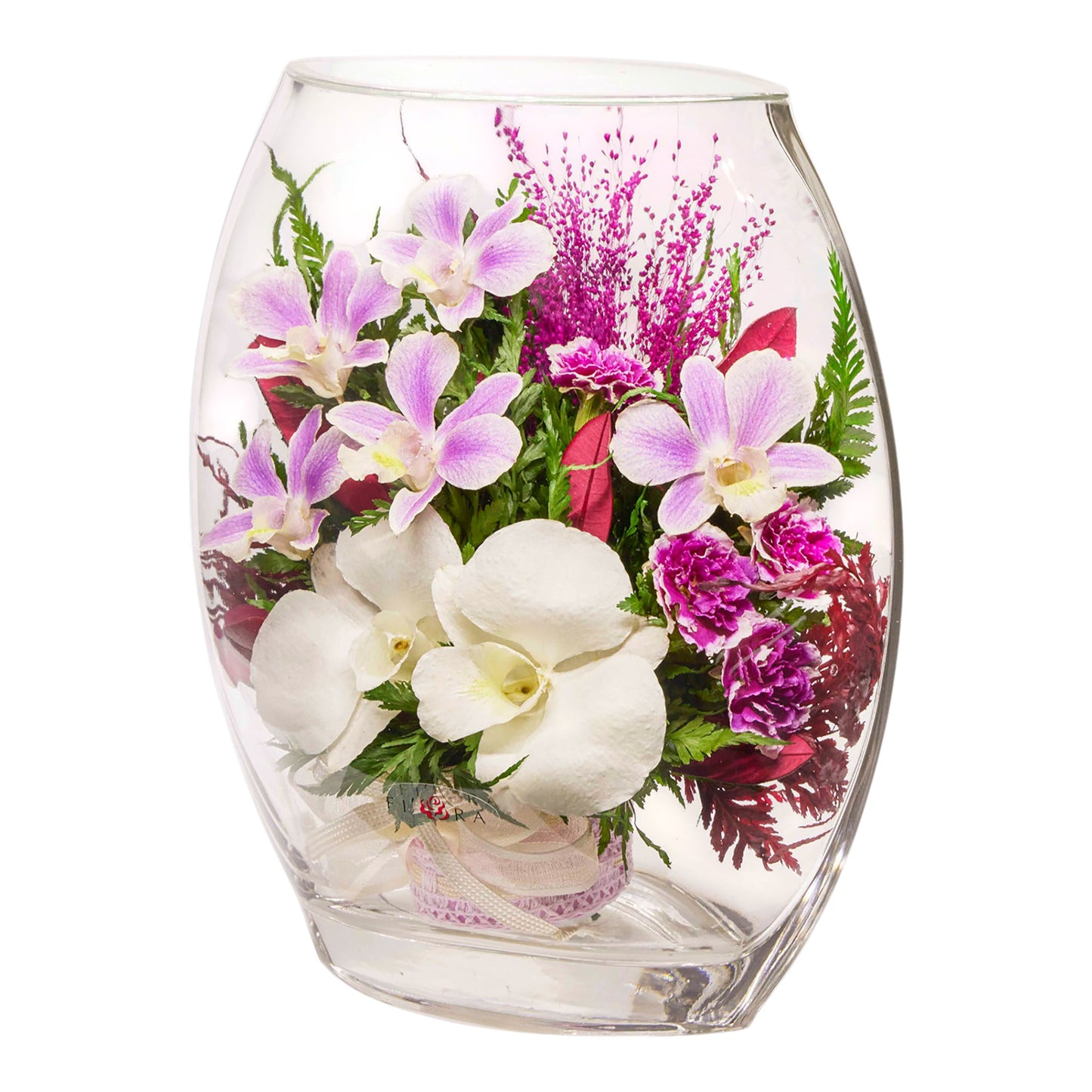 Graceful Purple and White Orchids in Flat Rugby Glass Vase