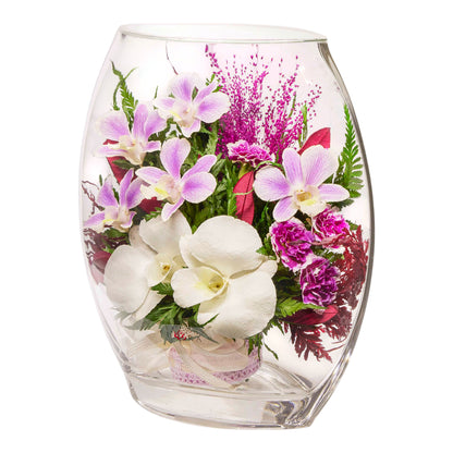 Graceful Purple and White Orchids in Flat Rugby Glass Vase