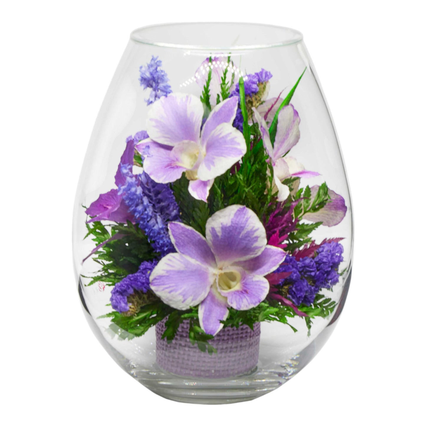 Stunning Purple Orchids in Droplet Glass Vase