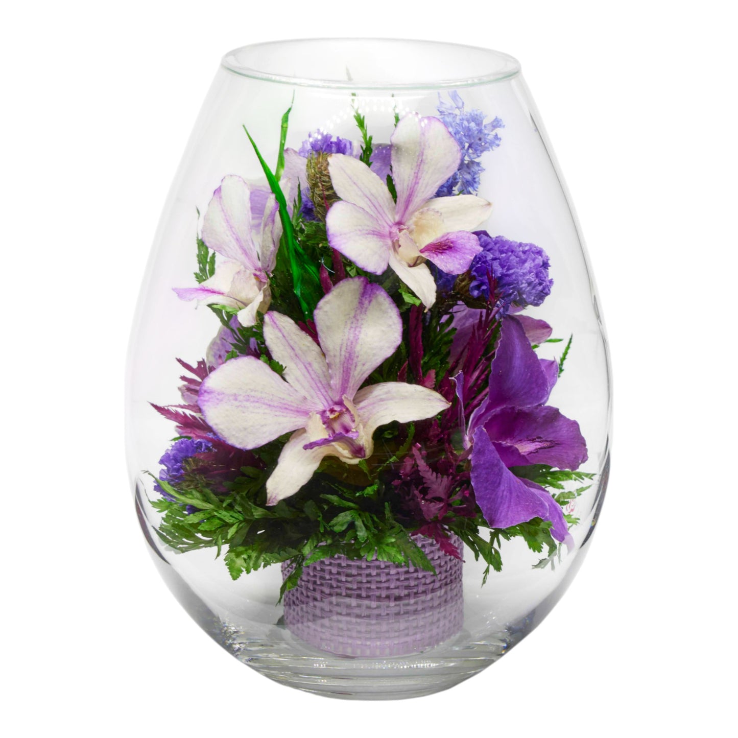 Stunning Purple Orchids in Droplet Glass Vase