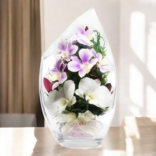 Elegant Purple Orchids and Limoniums in Rugby Glass Vase