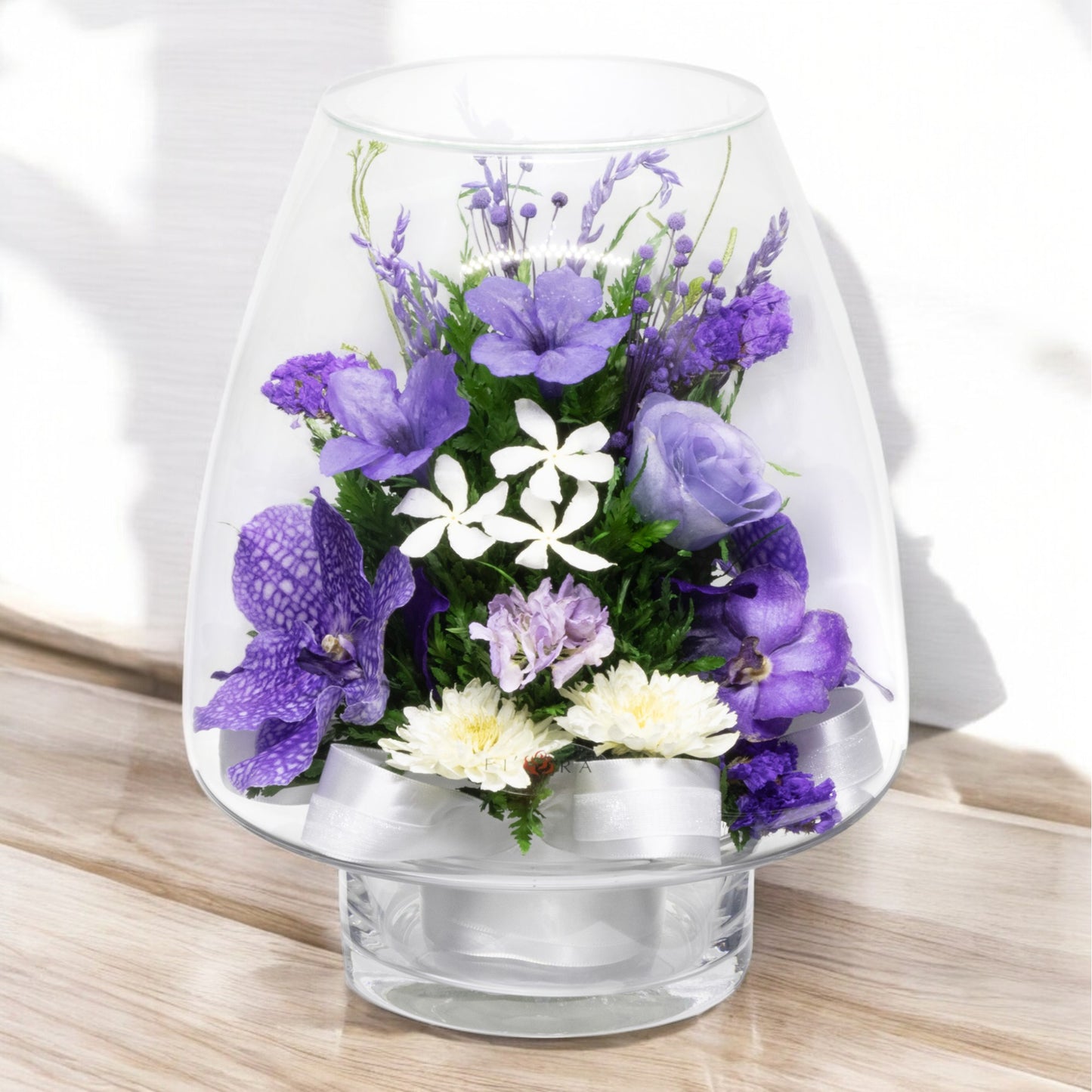 Elegant Orchid Bouquet in Lotus Bud Glass Vase