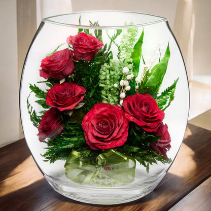 Luxurious Red Roses in Flat Rugby Glass Vase