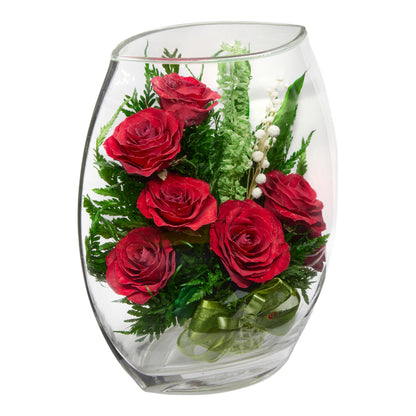 Luxurious Red Roses in Flat Rugby Glass Vase