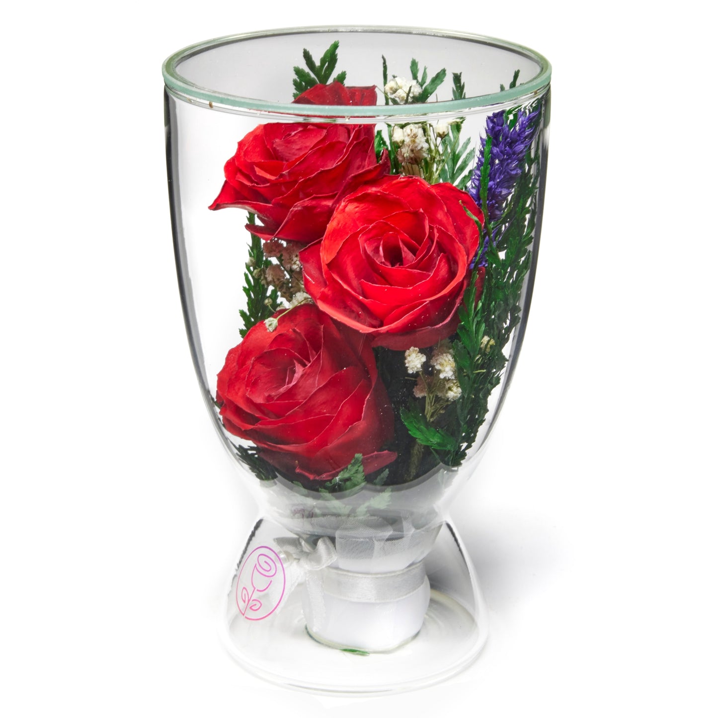In Flores Veritas: Trio of Eternal Red Roses in Cup-like Vase - Lasts up to 5 Years - Elegant Gift for Any Occasion