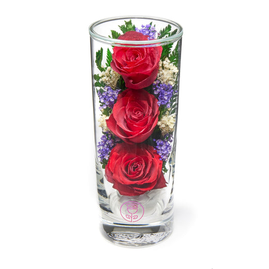 In Flores Veritas: Trio of Eternal Roses in Tower-like Vase - Lasts up to 5 Years - Elegant Gift for Any Occasion