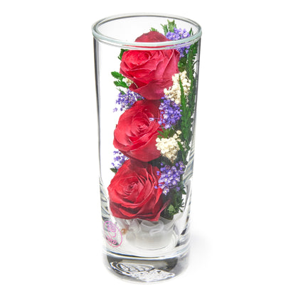 In Flores Veritas: Trio of Eternal Roses in Tower-like Vase - Lasts up to 5 Years - Elegant Gift for Any Occasion