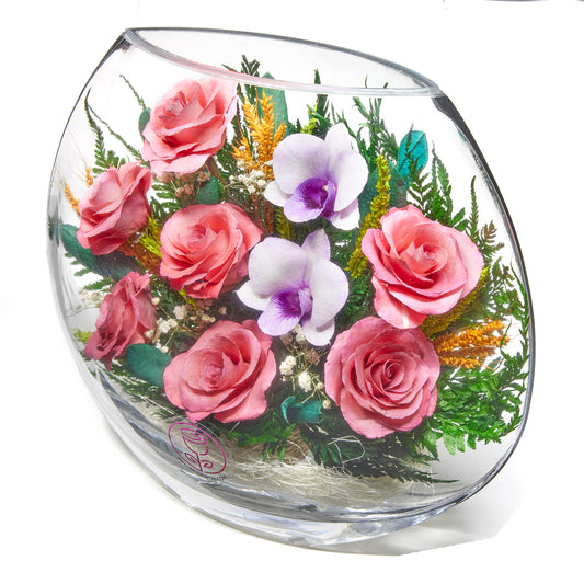 In Flores Veritas: Pink Rose Serenity Ellipse Vase - Lasts up to 5 Years - Elegant Gift for Any Occasion