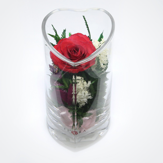 52576 Long-Lasting Red Rose with White Limoniums and Greenery in a Heart-Shaped Vase