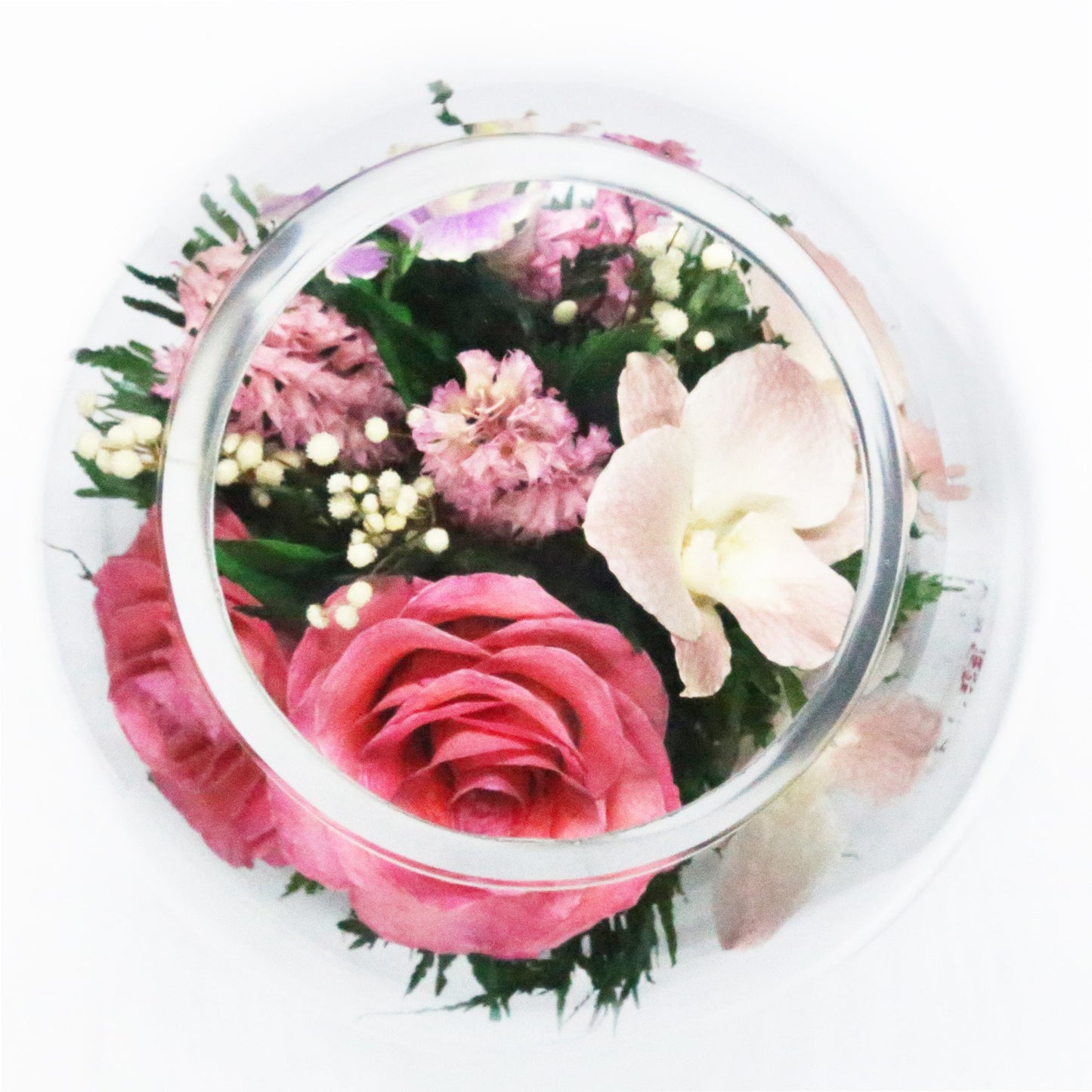 31045 Long-Lasting Pink Roses and Orchids with Greenery in a Round Glass Vase - FIORA FLOWER