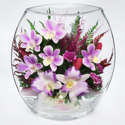 35753 Long-Lasting Purple Orchids,  Limoniums with Greenery in a Flat Rugby Glass Vase