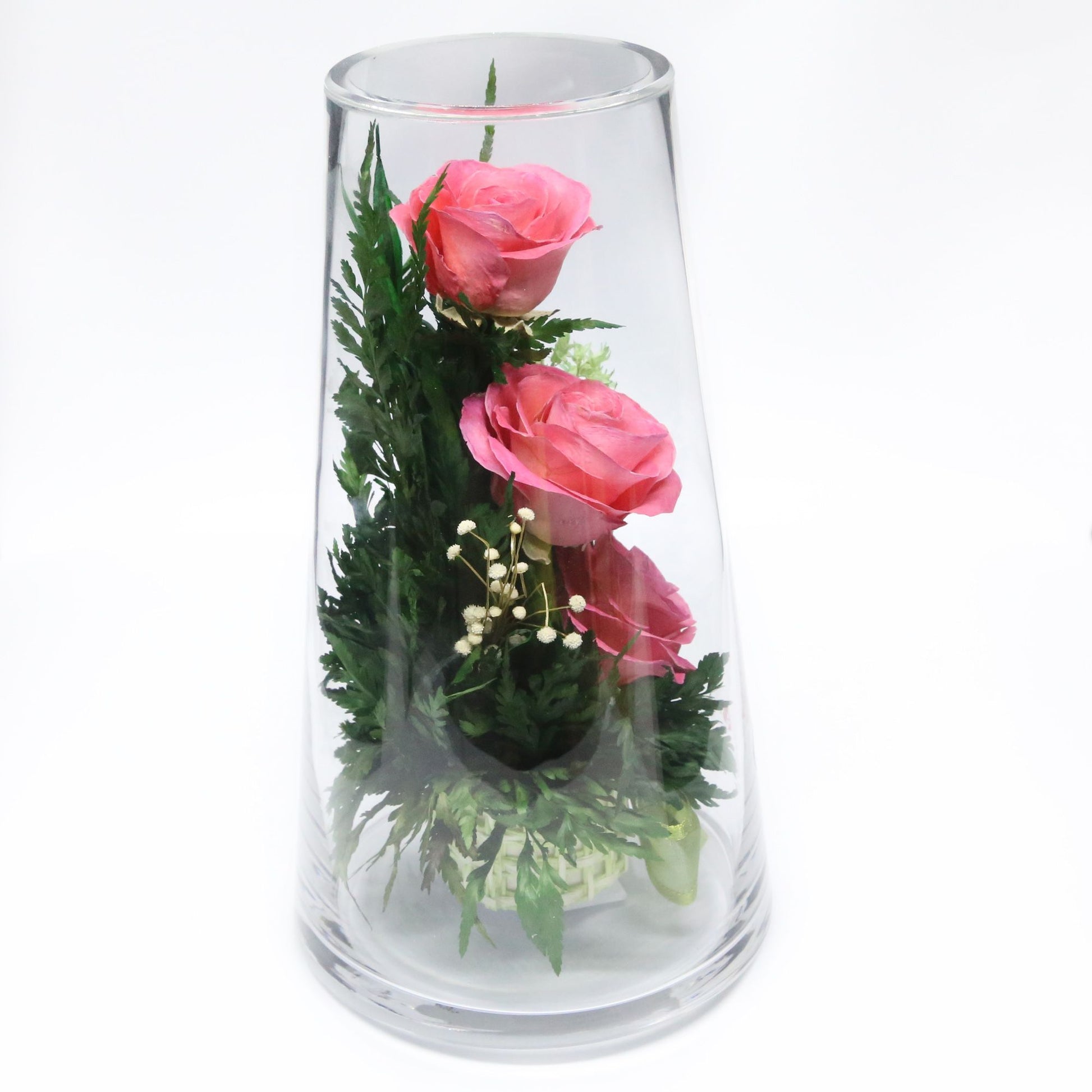 40221 Long-Lasting Pink Roses in a Sealed Glass Vase - FIORA FLOWER