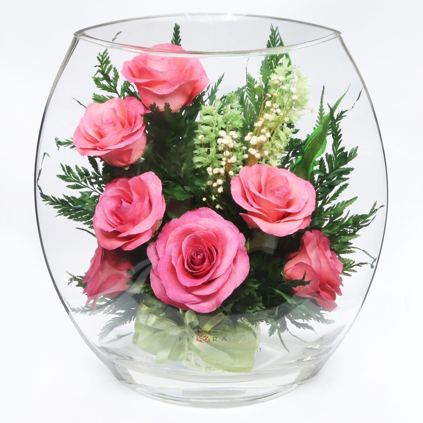 40339 Long-Lasting Pink Roses in a Sealed Glass Vase - FIORA FLOWER