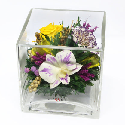 50237 Long-Lasting Yellow Rose and  White Orchid in a Cube Clear Glass Vase - FIORA FLOWER