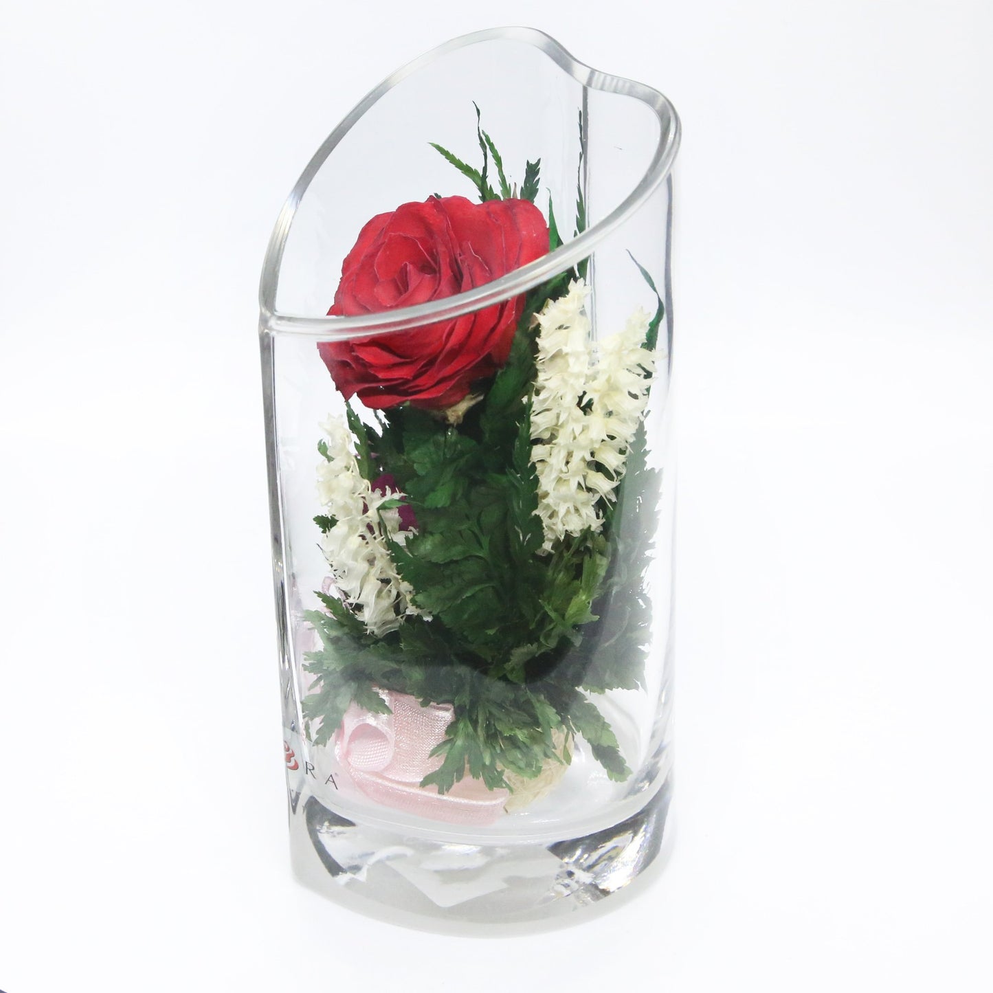 52576 Long-Lasting Red Rose with White Limoniums and Greenery in a Heart-Shaped Vase - FIORA FLOWER