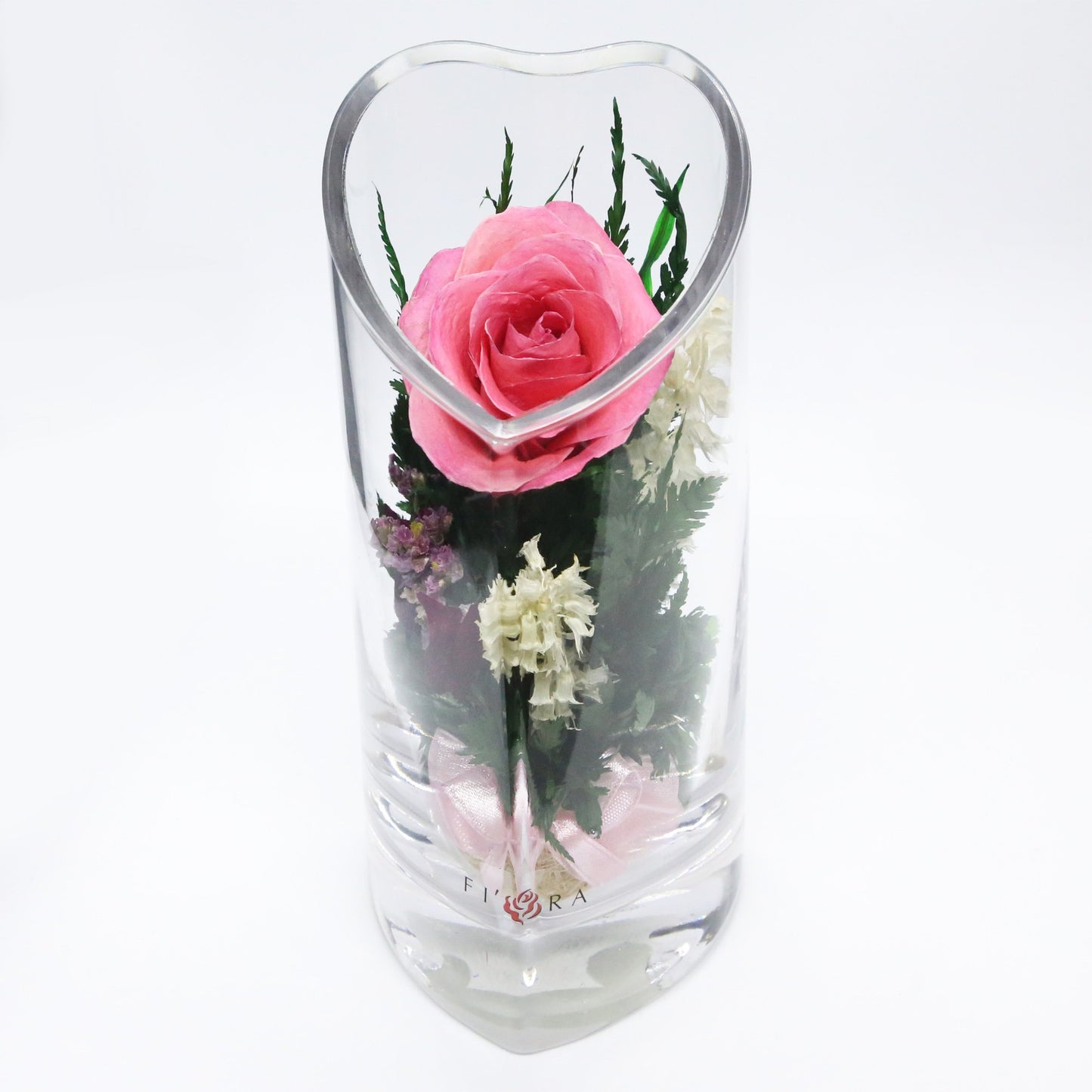 57342 Long-Lasting Pink Rose with White Limoniums and Greenery in a Heart-Shaped  Vase - FIORA FLOWER