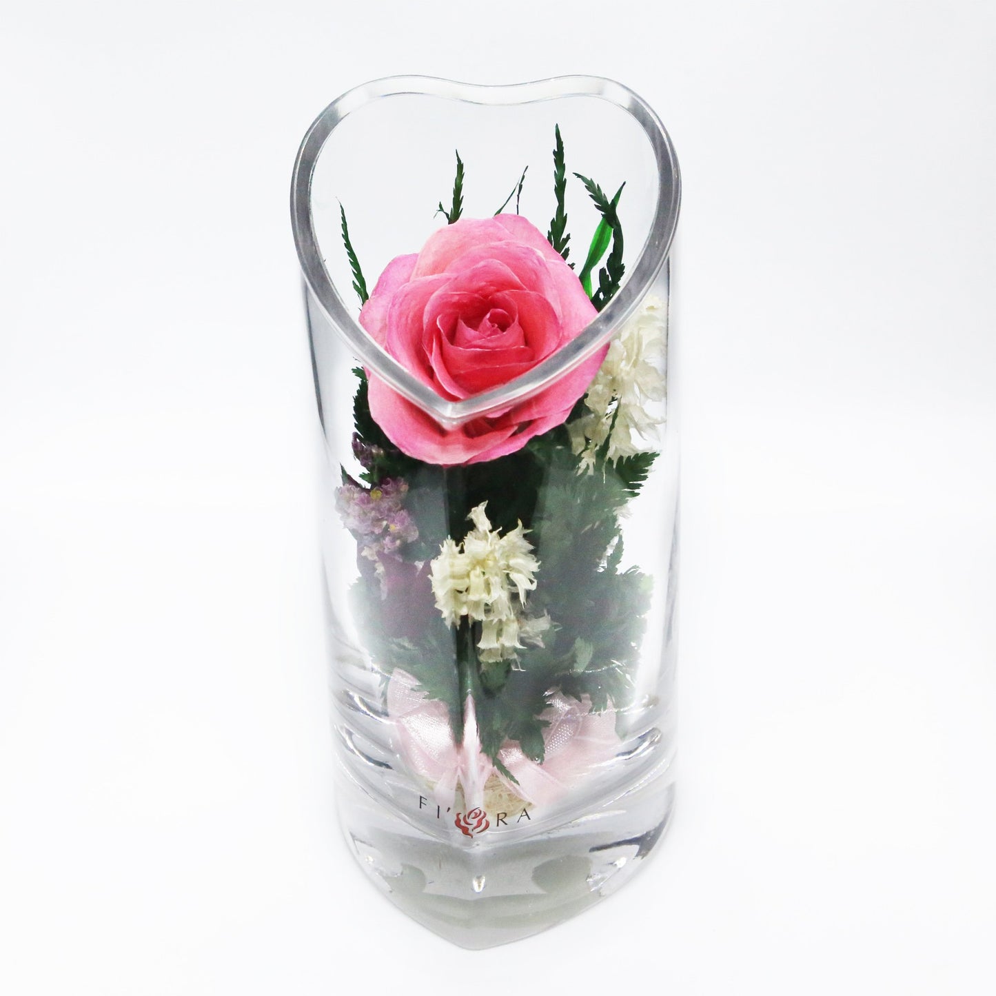 57342 Long-Lasting Pink Rose with White Limoniums and Greenery in a Heart-Shaped  Vase - FIORA FLOWER
