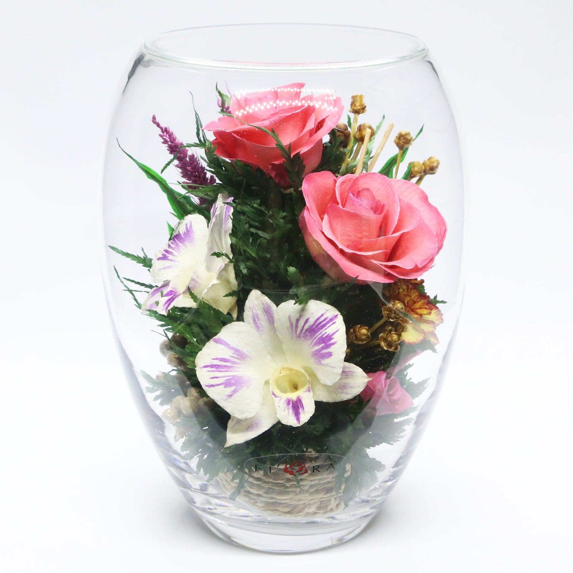 61097 Long-Lasting Pink Roses, Purple-Striped White & King Dragon Orchids, Orange Spray Carnations in an Elliptical Glass Vase - FIORA FLOWER
