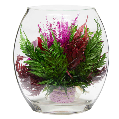 71812 Long-Lasting Purple Orchids with Greenery in a Flat Rugby Glass Vase