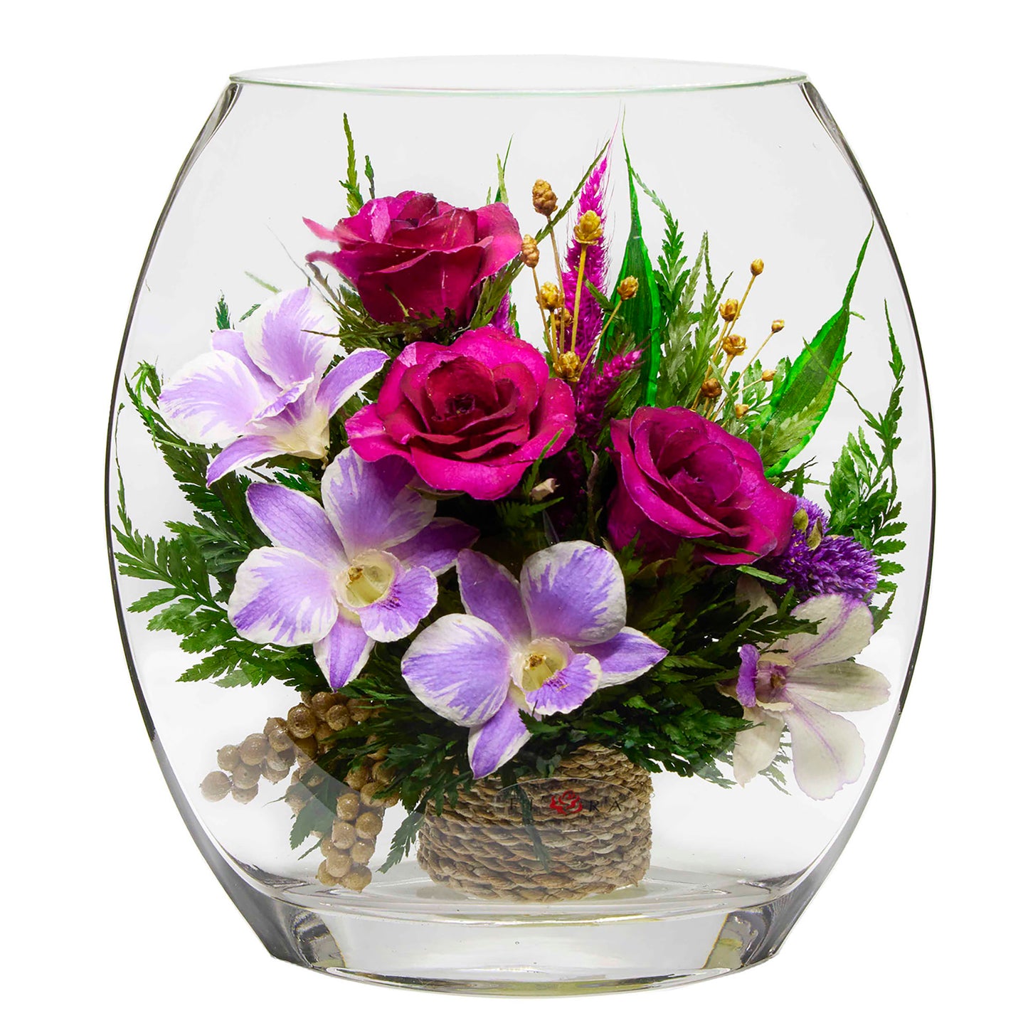 71331 Long-Lasting Purple Orchids and Roses in a Flat Rugby Glass Vase