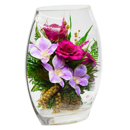 71331 Long-Lasting Purple Orchids and Roses in a Flat Rugby Glass Vase