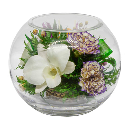 71874 Long-Lasting White Orchids and rose in a Round Glass Vase