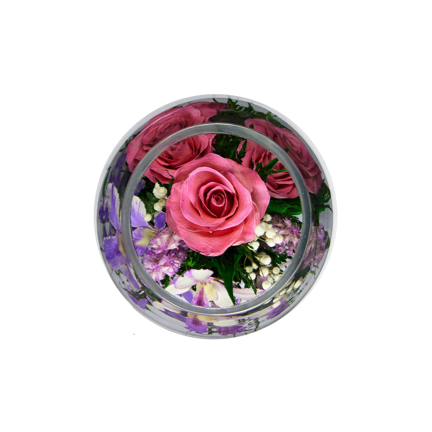 71843 Long-Lasting Pink Roses, Purple-Striped White & King Dragon Orchids in a Droplet Glass Vase