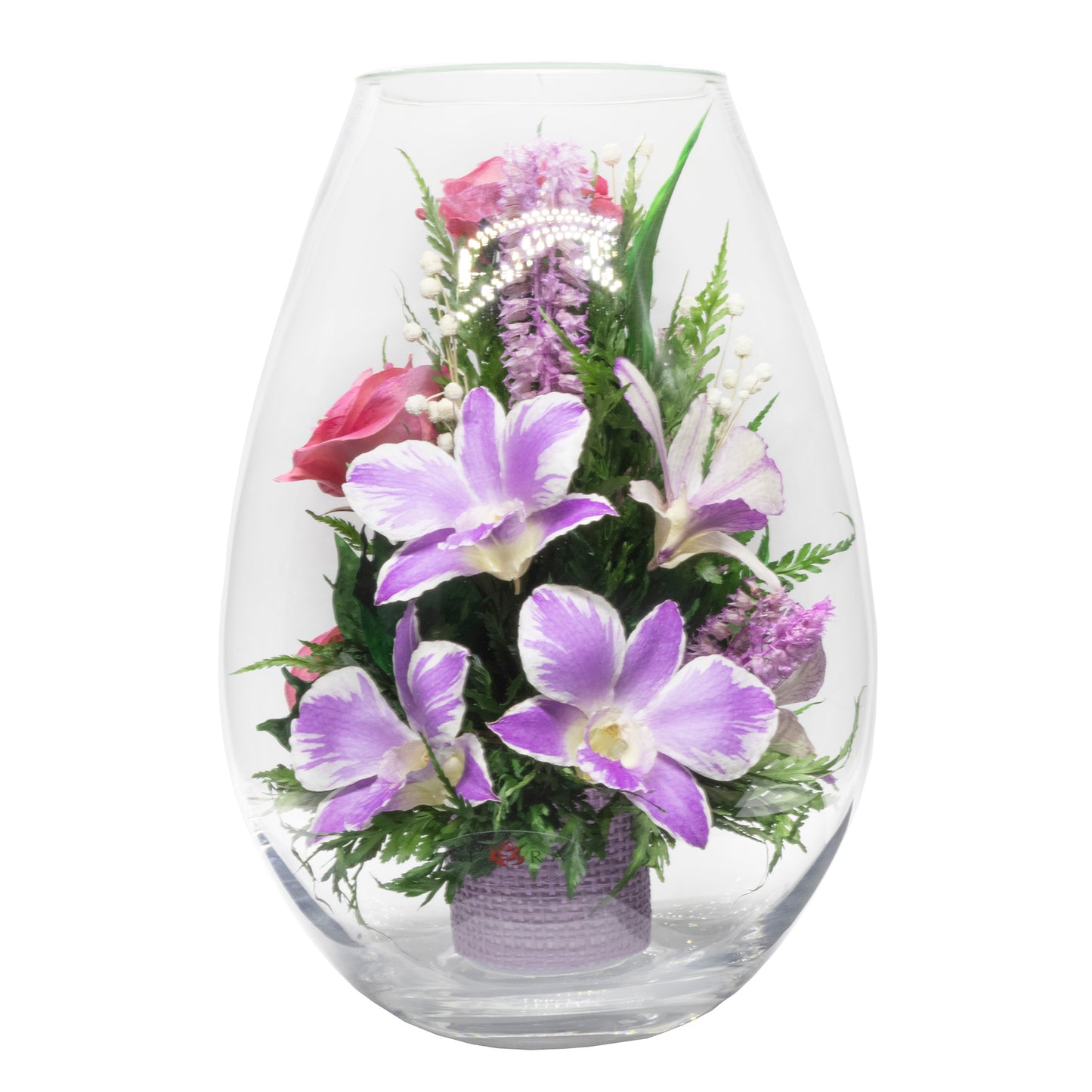 71843 Long-Lasting Pink Roses, Purple-Striped White & King Dragon Orchids in a Droplet Glass Vase