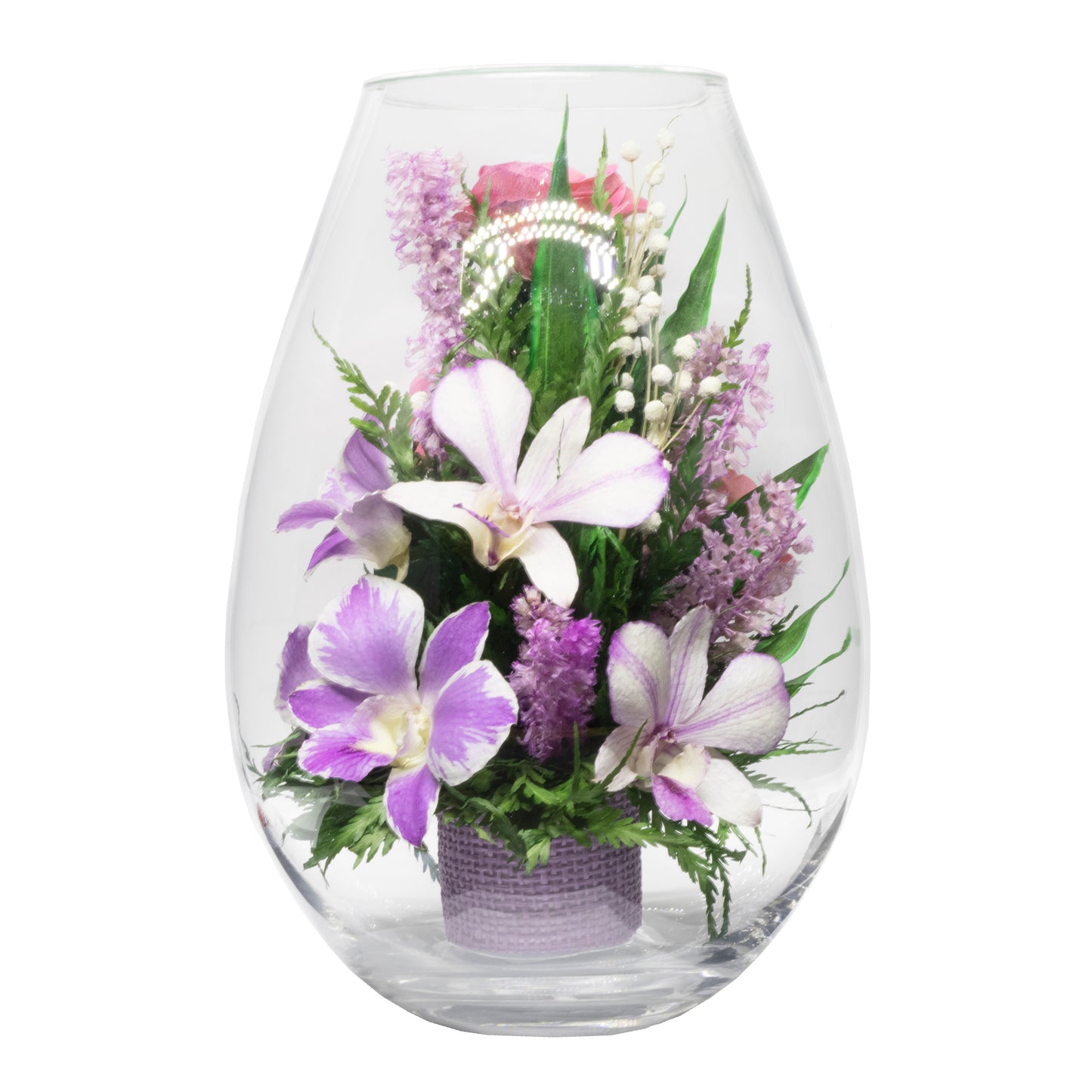 71843 Long-Lasting Pink Roses, Purple-Striped White & King Dragon Orchids in a Droplet Glass Vase