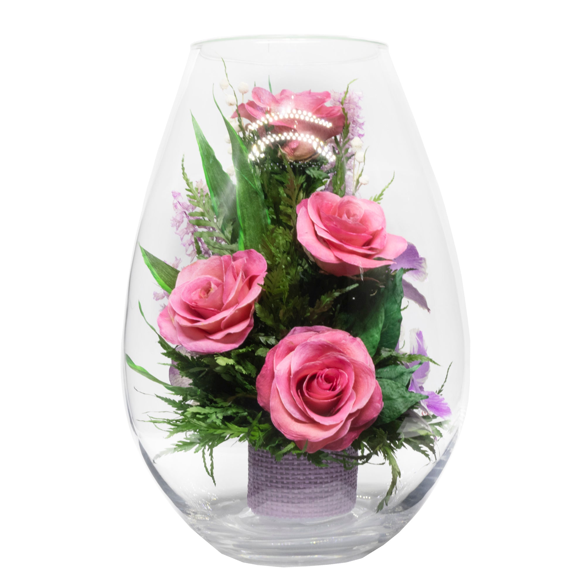 71843 Long-Lasting Pink Roses, Purple-Striped White & King Dragon Orchids  in a Droplet Glass Vase