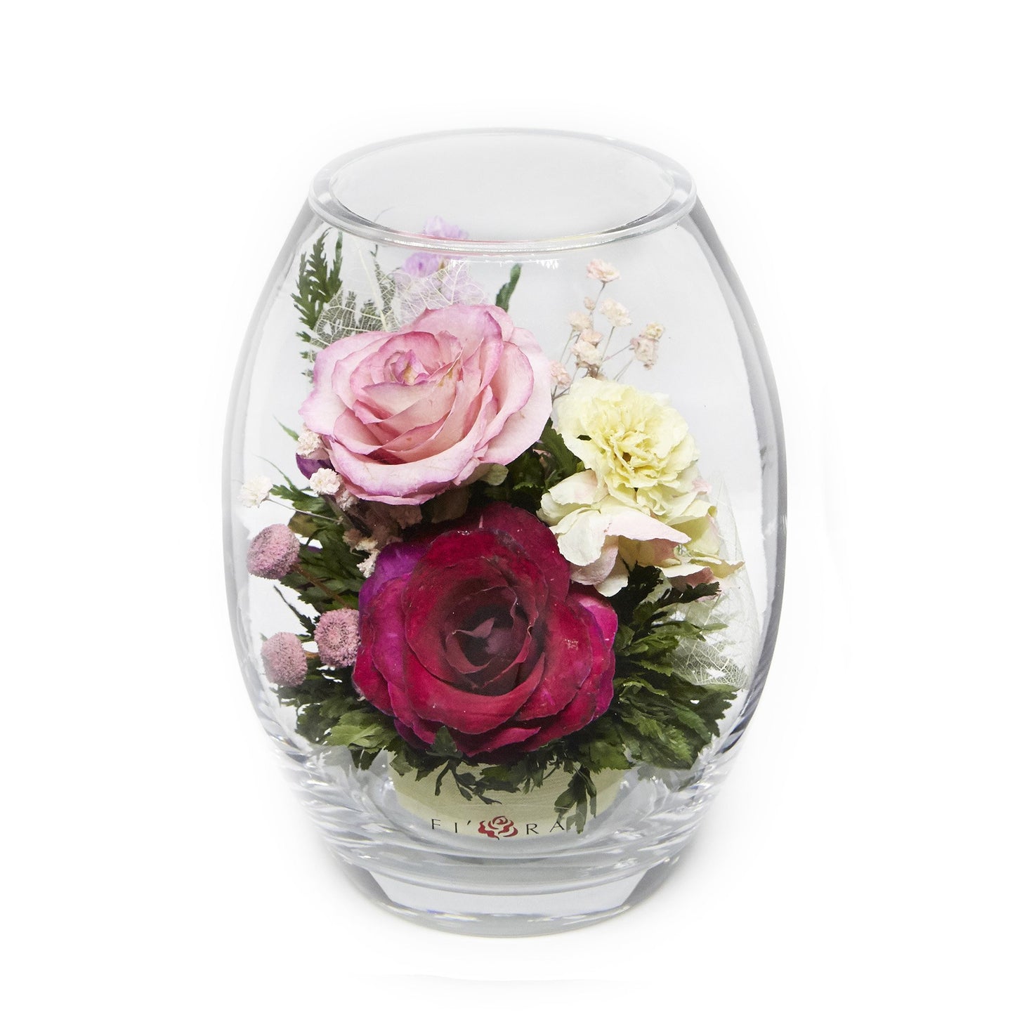60199 Long-Lasting Purple and Pink Roses and Hydrangea in a Glass Vase - FIORA FLOWER
