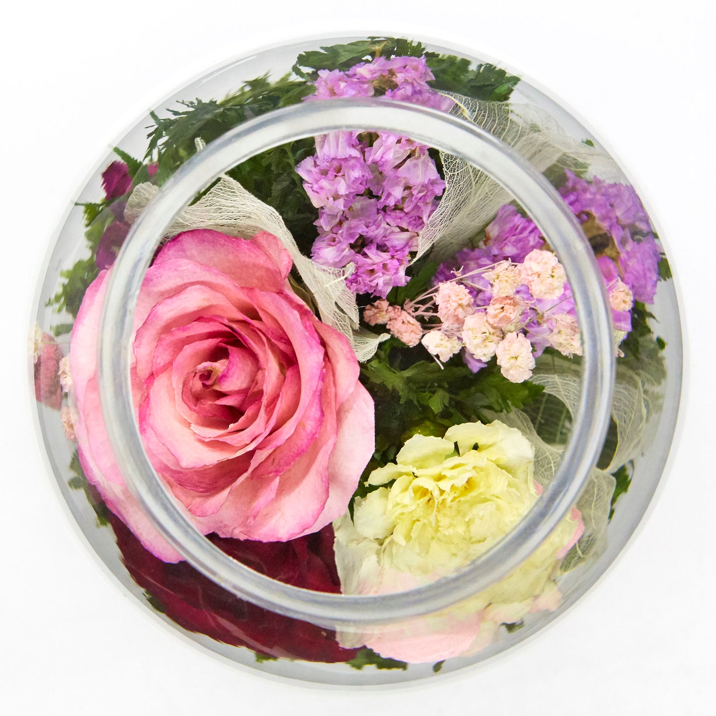 60199 Long-Lasting Purple and Pink Roses and Hydrangea in a Glass Vase