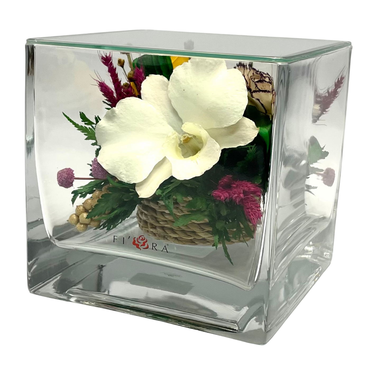 71881 Long-Lasting Yellow Rose and  White Orchid in a Cube Glass Vase