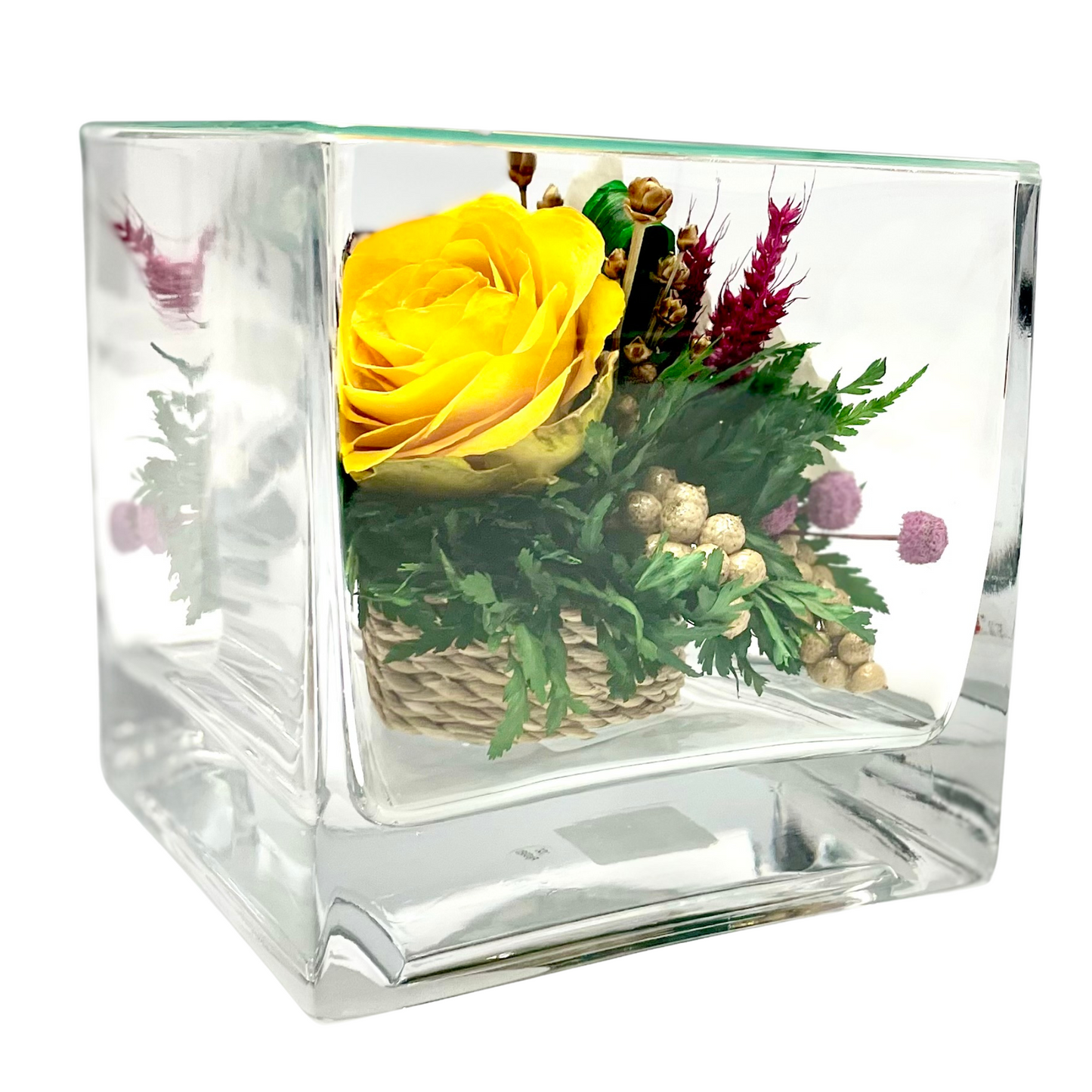 71881 Long-Lasting Yellow Rose and  White Orchid in a Cube Glass Vase